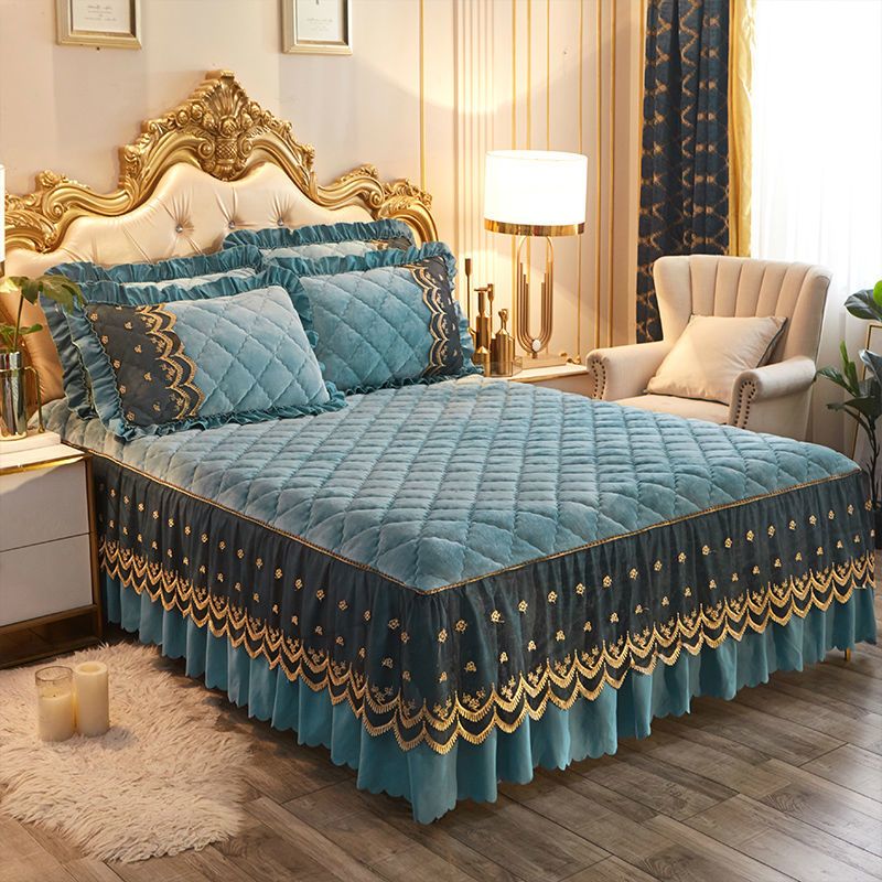 Luxury Winter Quick Warm Velvet Bed Skirt Super Soft Thick Flannel Quilted Bedspread Anti-slip Bed Cover Not Included Pillowcase