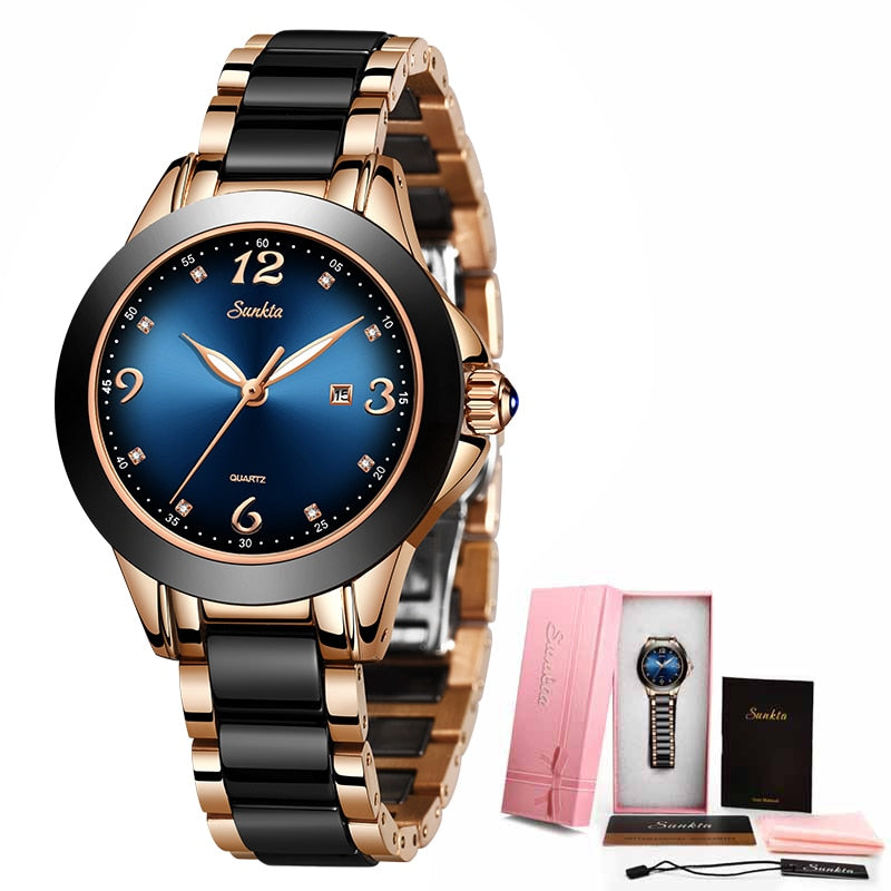 Women&#39;s Watches SUNKTA Ladies Quartz Watch Fashion Waterproof Ceramic Stainless Steel Band Watch Black Gold Wrist Watch+Box