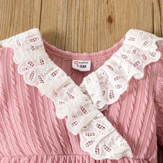 PatPat 2pcs Baby Girl Ruffle Trim Surplice Neck Textured Long-sleeve Jumpsuit with Headband Set