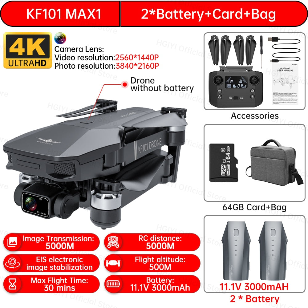 HGIYI KF101 Max Drone 4K Professional 5G WIFI Dron HD EIS Camera Anti-Shake 3-Axis Gimbal Brushless Motor RC Foldable Quadcopter