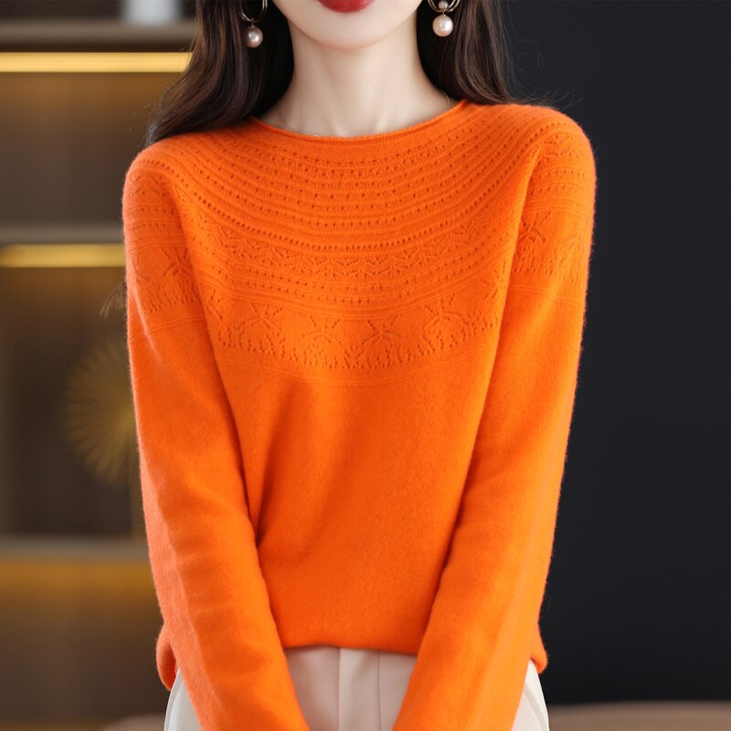 100 Wool Classic Round Neck Cutout Sweater Fashion Cutout Loose Long Sleeve Undercoat New Design Taste Popular Sweater Girl
