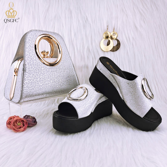 QSGFC Autumn Silver Color Elegant Simple Versatile Round Metal Decoration Ladies Sandals Comfortable Insole Shoes and Bags Set