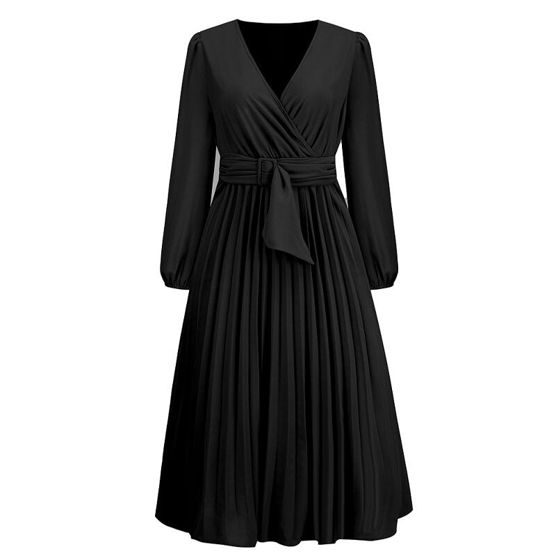 Office Lady V-Neck Solid Color Pleated Midi Dresses Fashion Commute Simplicity Lantern Sleeve A-Line Belt Dress Women&#39;s Clothing