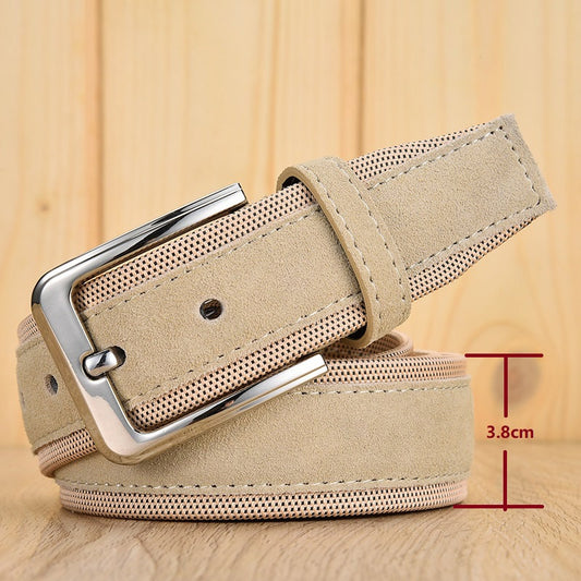 Men Suede Leather Belt With Oxford Fabric Strap Genuine Leather Luxury Pin Buckle Blue Belts For Men 3.5 cm and 4.0 cm Width