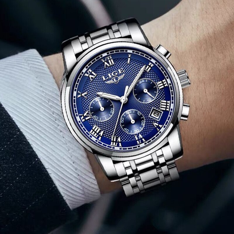 LIGE  Men&#39;s Watch Big Dial Stainless Steel Band Date Mens Business Male Watches Waterproof Luxuries Men Wrist Watches for Men