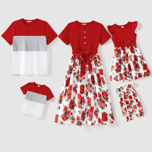 PatPat Family Matching Outfits 95% Cotton Short-sleeve Colorblock T-shirts and Floral Print Spliced Dresses Sets