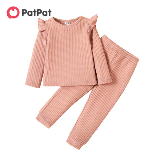 PatPat 2-piece Toddler Girl Ruffled Textured Long-sleeve Top and Solid Color Pants Set