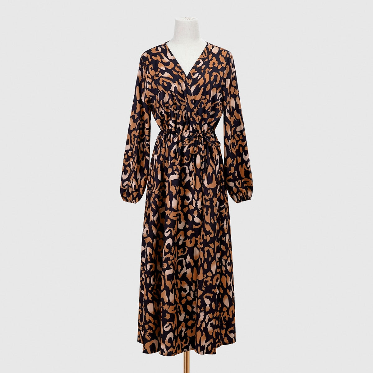 Fashion Leopard Print Midi Dress For Women Elegant Office Lace-Up Cardigan Lady Casual Long Dresses Autumn Long Sleeve Vestidos