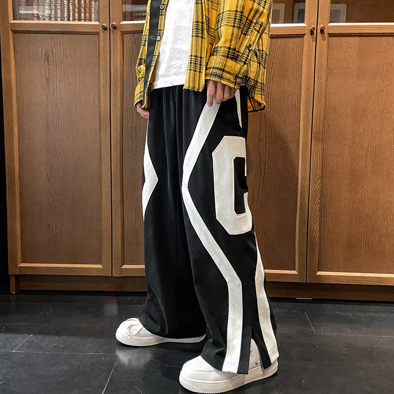 Men Spring Fashion Patchwork Sweatpants Casual Loose Staight Trousers Mens Elastic waist Sports Pants Male Trousers White/Green