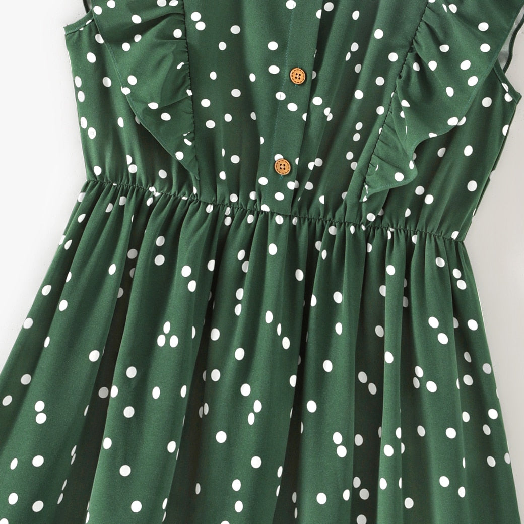 PatPat  Family Matching Outfits Dresses Matching All over Polka Dots Dark Green Ruffle Trim Tank Dress for Mom and Me