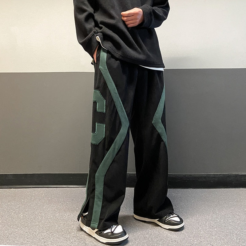 Men Spring Fashion Patchwork Sweatpants Casual Loose Staight Trousers Mens Elastic waist Sports Pants Male Trousers White/Green