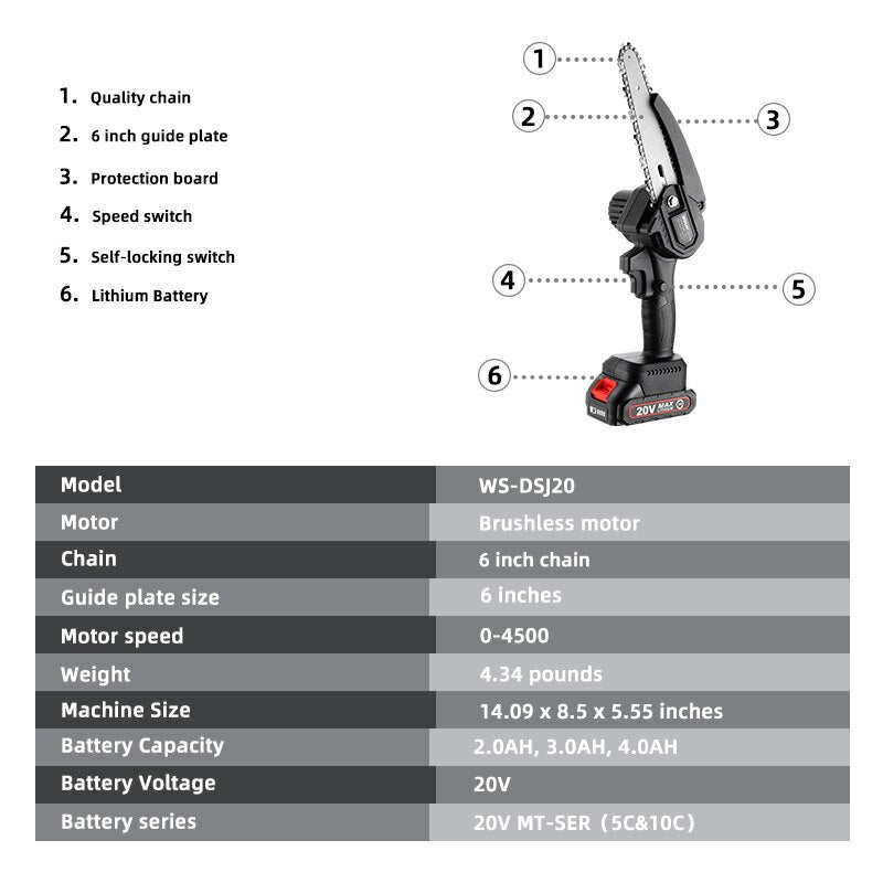 WOSAI 20V MT-Series 6 Inch Brushless chain saw Cordless Mini Handheld Pruning Saw Portable Woodworking Electric Saw Cutting Tool