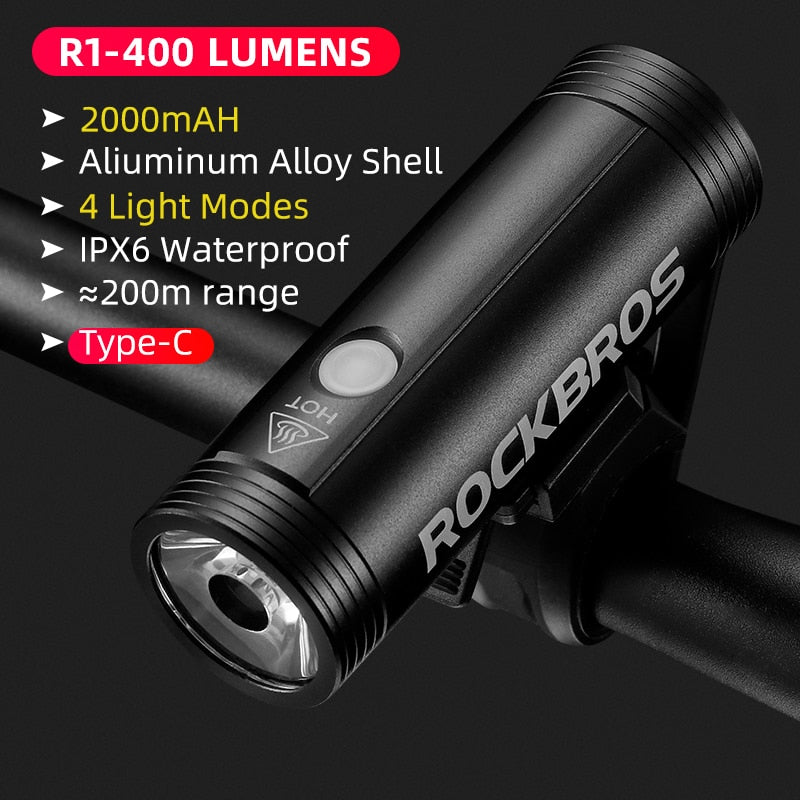 ROCKBROS Bike Light Rainproof Type-C Charging LED 2000mAh MTB Front Lamp Headlight Aluminum Ultralight Flashlight Bicycle Light