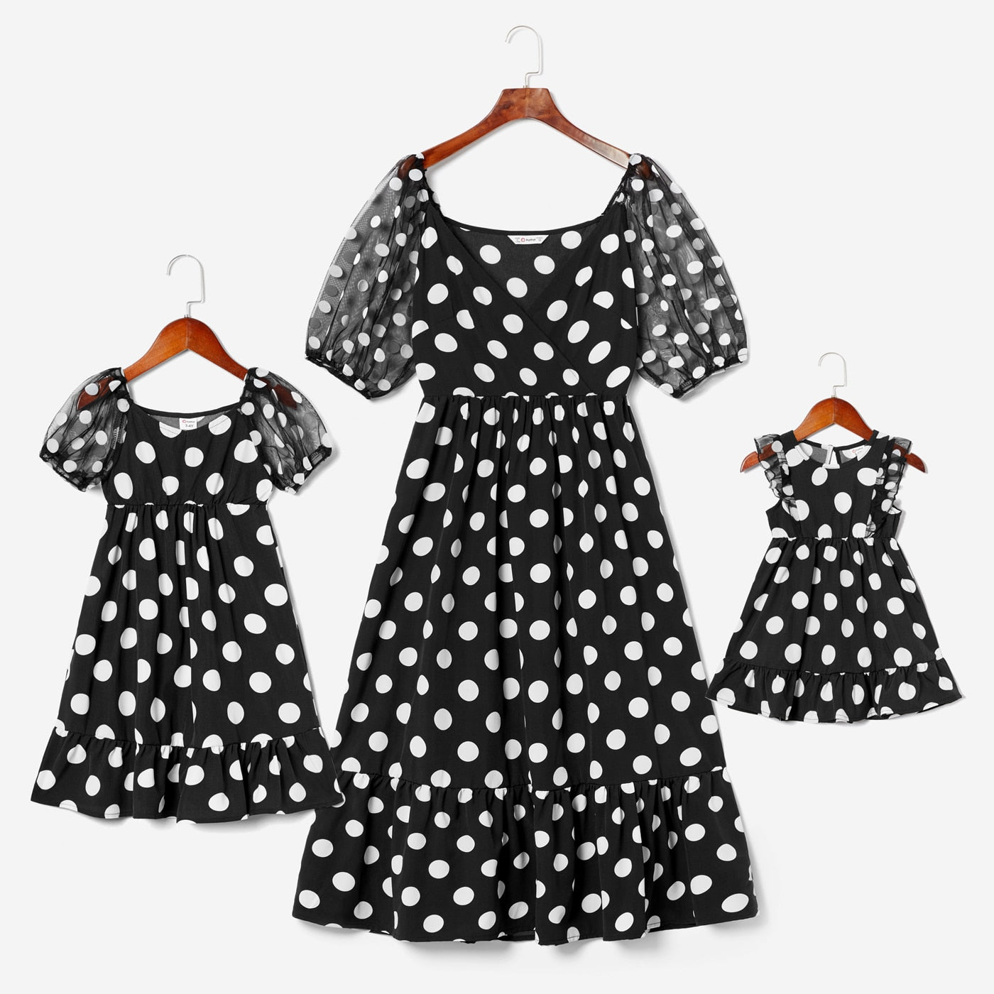 PatPat Black &amp; white Polka Dot Cross Slant V-neck Mesh Puff Sleeves Ruffle Skirt Matching Midi Dresses for Mother and Daughter