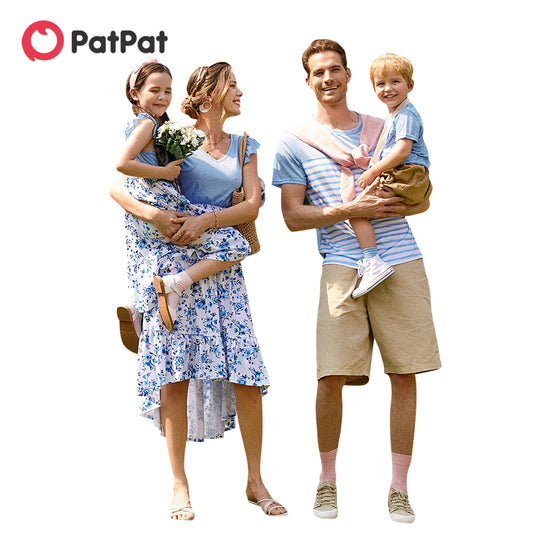 PatPat Family Matching Light Blue V Neck Flutter-sleeve Splicing Floral Print Irregular Hem Dresses and Striped T-shirts Sets