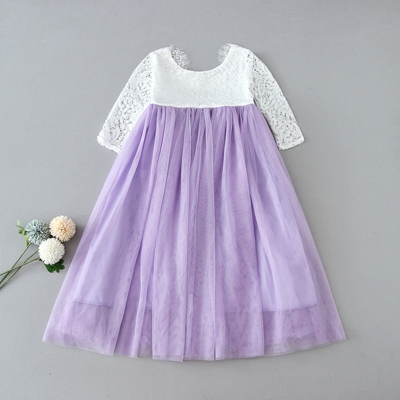 Princess Dress for Girls Ankle Length Wedding Party Dress Eyelash Back White Lace Beach Dress Children Clothing E15177
