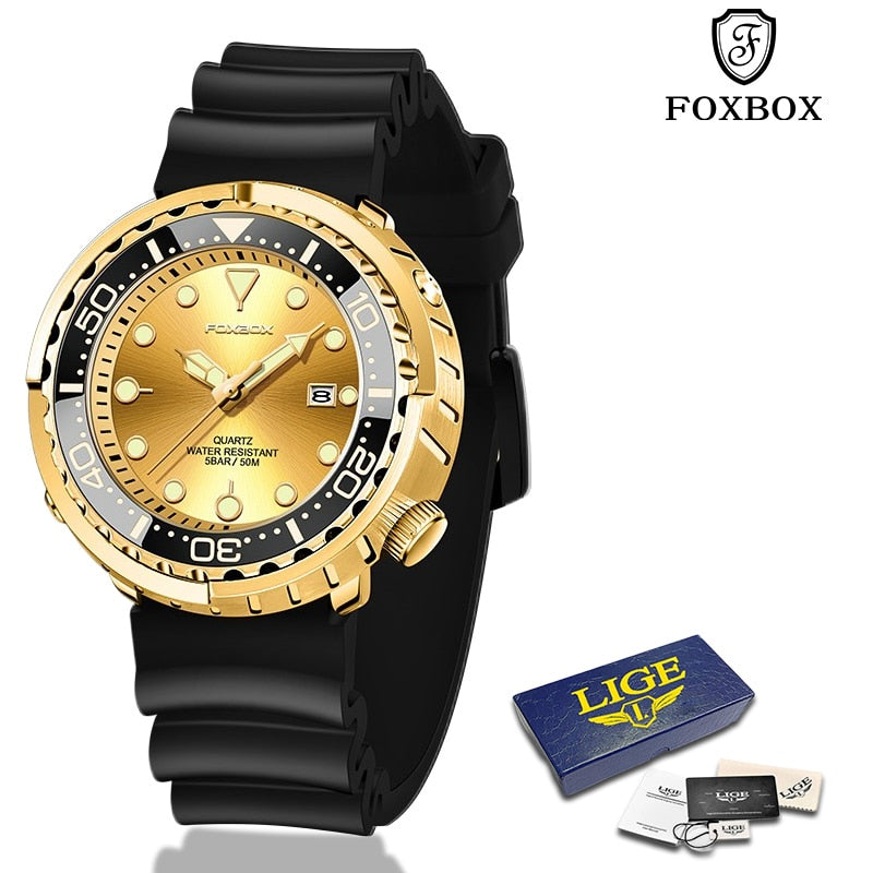 FOXBOX New Gold Fashion Watches Men Sports Silicone Watch Men  50M Waterproof Watches Golden Wristwatches Male Relogio Masculino