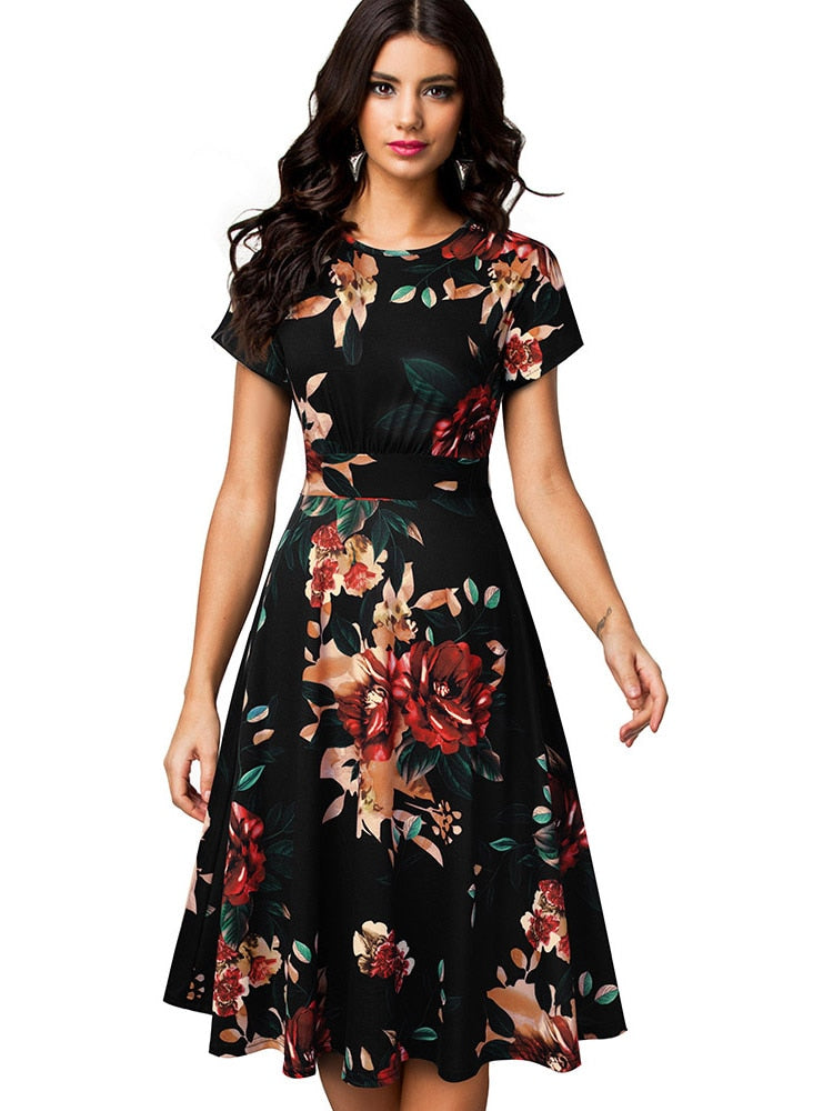Nice-forever Vintage Elegant Floral Print Pleated Round neck vestidos A-Line Pinup Business Party Women Flare Swing Dress A102