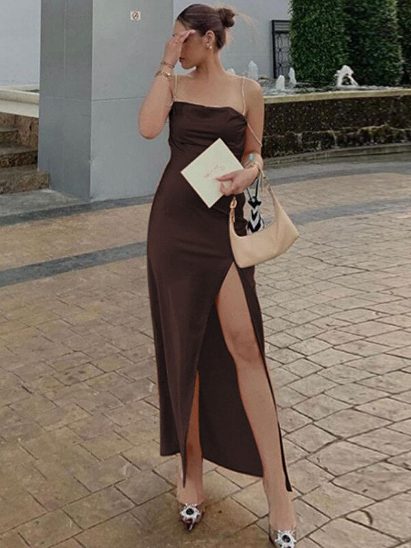 JULISSA MO Sexy Sparkling Spaghetti Strap Side Split Maxi Dress For Women Elegant Satin Backless Party Club Evening Dress