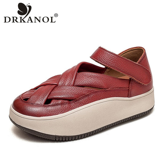 DRKANOL 2023 Fashion Women Sneakers Summer Cross Genuine Leather Hollow Out Breathable Shallow Flat Platform Casual Sneakers