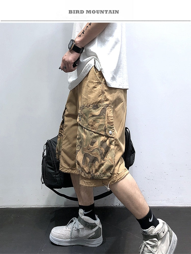 Summer American Camouflage Pocket Patchwork Cargo Shorts Men Clothing Japanese Streetwear Loose Army Green Casual Pants Male