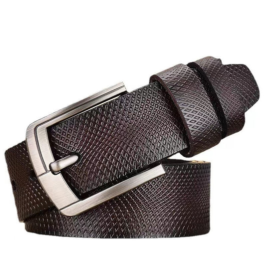 105-125CM Men&#39;s Belt Genuine Leather Vintage Belt Mesh Trend Embossed Pin Buckle Casual Jeans Leather Belt