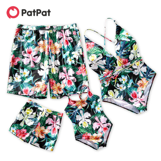 PatPat Family Matching Allover Floral Print Swim Trunks Shorts and Spaghetti Strap One-Piece Swimsuit