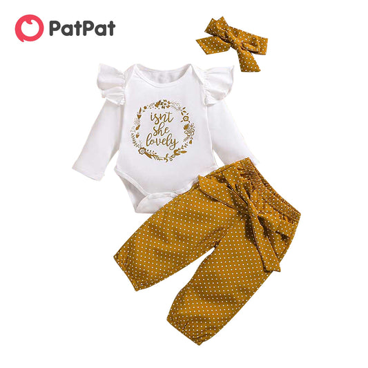 PatPat 3-piece Baby Girl Letter Print Ruffled Bodysuit and Polka Dots Pants with Headband Set