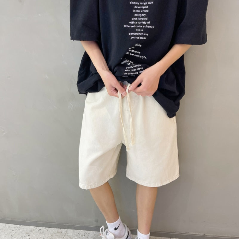 Men&#39;s Denim Shorts 2023 Summer New Korean Street Loose Straight Leg Wide Leg Shorts Retro Baggy Casual Shorts Black White Blue