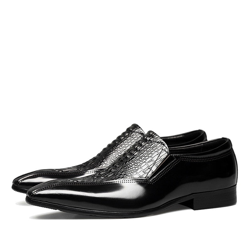 2022 Real Patent Leather Men&#39;s Dress Shoes Fashion Crocodile Pattern Slip on Brown Black Luxury Handmade Genuine Leather Shoes