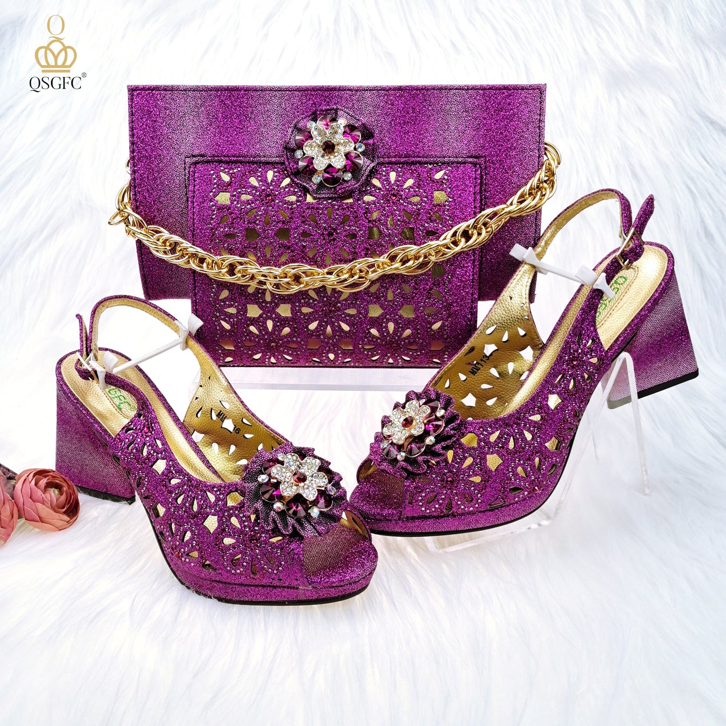 QSGFC Newest Gold Color Cutout Pumps High Heels Decorated with Rhinestone Flower Design Party Women&#39;s Shoes and Bags Set