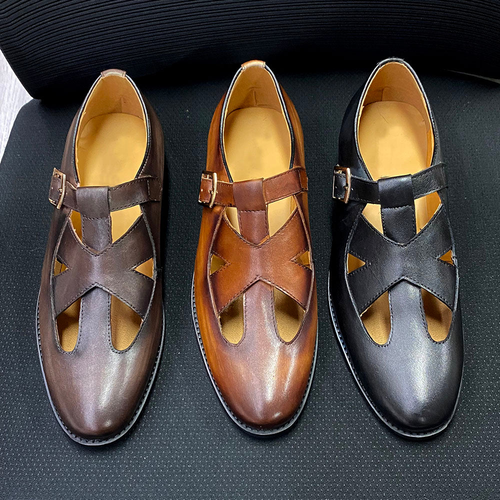 Retro Style Mens Sandals Real Cow Leather Breathable Travel Shoes Buckle Strap Summer Dress Shoes for Men Large Size 38 To 50