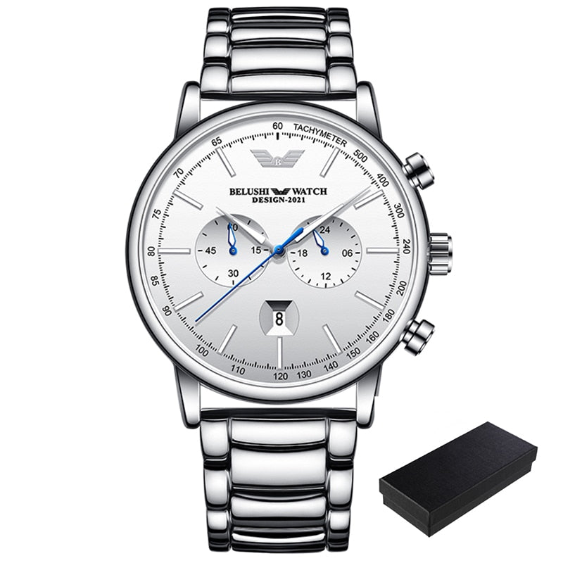 BELUSHI Mens Watches Stainless Steel Chronograph Waterproof Luxury Brand Top Quartz Military Watch for Men Army Sport Wristwatch