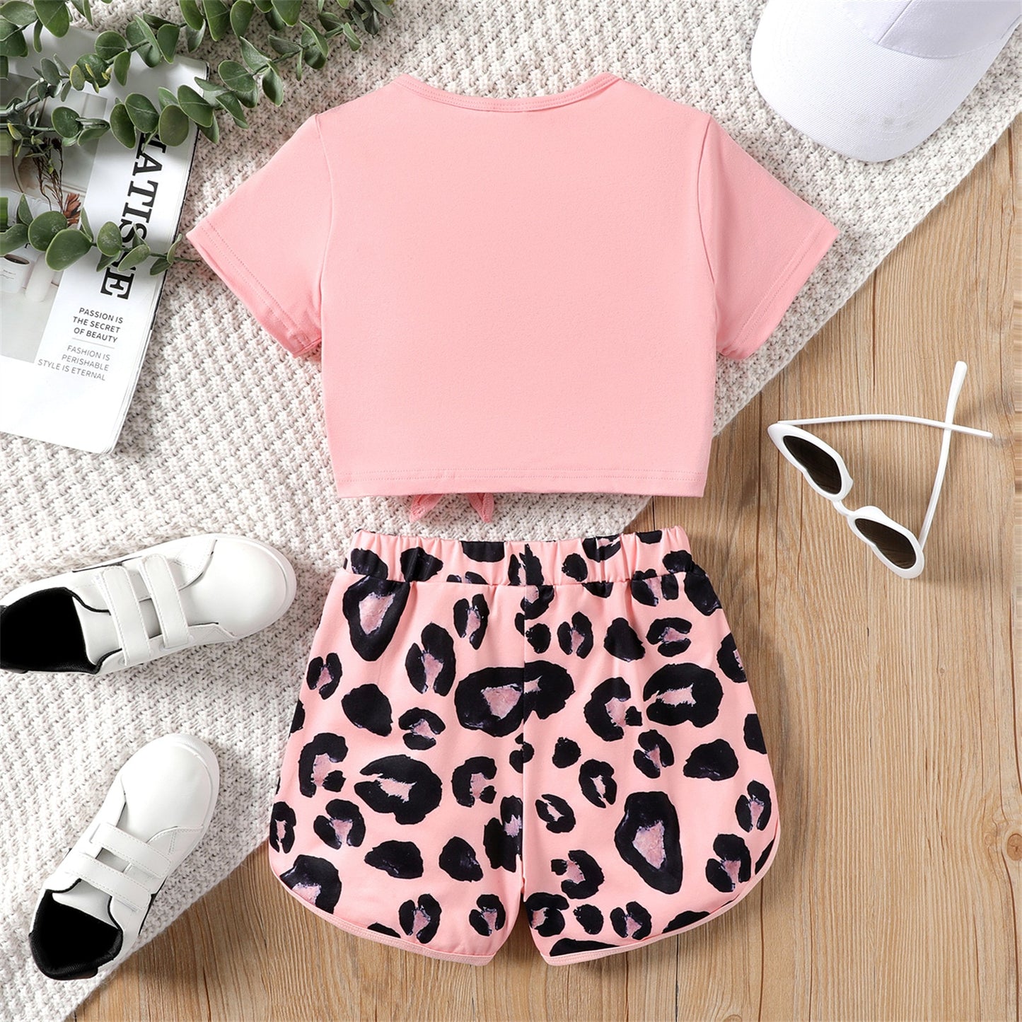 PatPat 2pcs Kid Girl Letter Print Tie Knot Short-sleeve Tee and Leopard Print Shorts Set