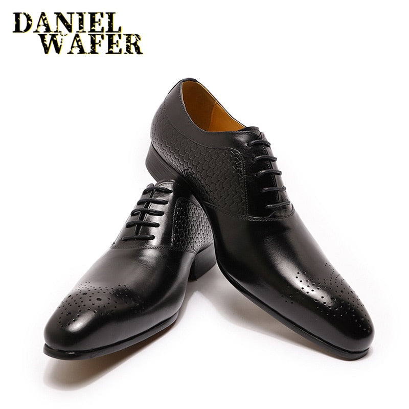 Luxury Mens Oxford Shoes Genuine Leather Prints Brown Black Lace-Up Pointed Toe Office Wedding Dress Formal Oxford Shoes for Men