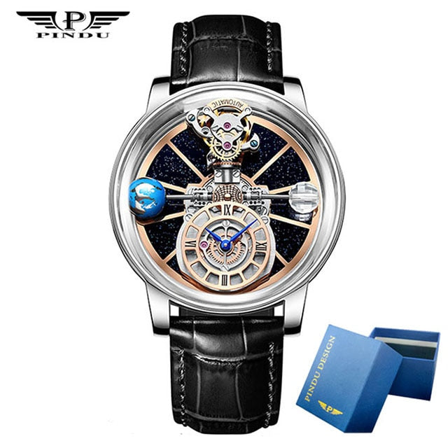 PINDU DESIGN 2023 Latest Fully Transparent Hollow Design Celestial Quartz Watch Men Waterproof Leather Man Wristwatch Relogio
