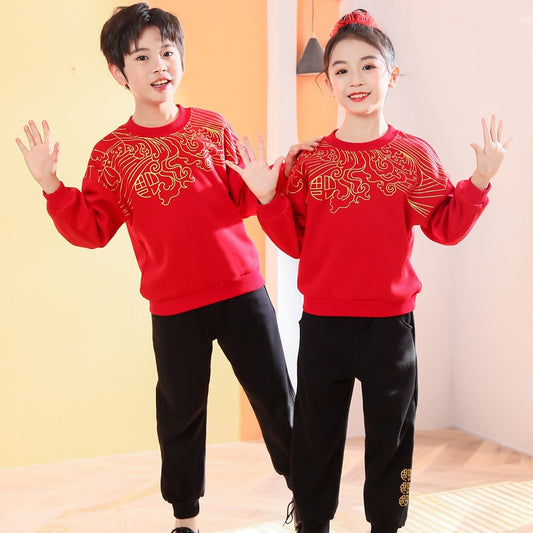 2022 Autumn Winter 2-14 Years Children Brother Sister Family Matching Outfits Thicken Chinese Sweatshirt+Pants Set For Boy Girl