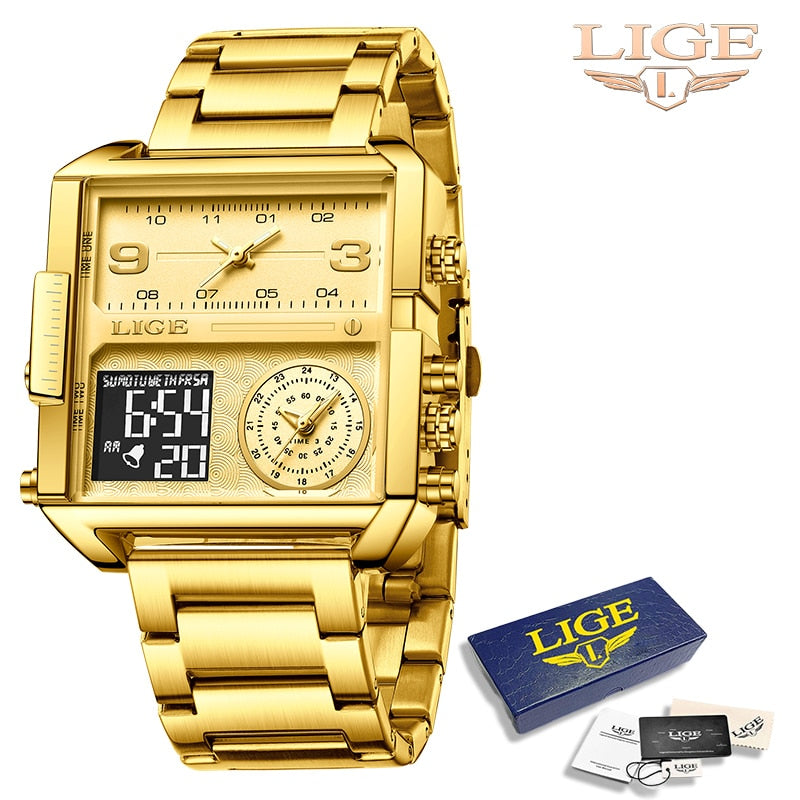 LIGE New Top Brand Luxury Fashion Men Watches Gold Steel Sport Square Digital Analog Big Quartz Watch for Man relogio masculino