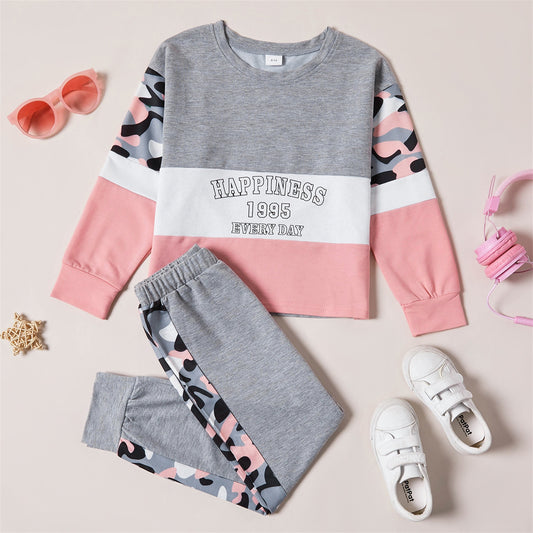 PatPat 2-piece Kid Girl Letter Camouflage Print Colorblock Long-sleeve Tee and Elasticized Pants Set