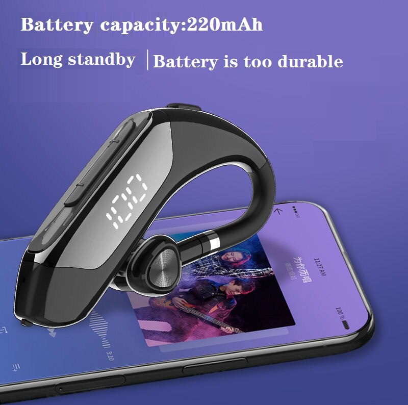 Wireless Bluetooth Earphones Stereo Single Business Ear Hook Headset with LED Display Handsfree Drive Car Headphone with Mic