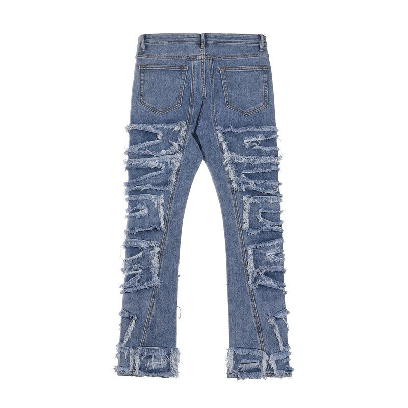 Iins high street hip-hop heavy industry destruction hole patch blue jeans Y2K trendy men&#39;s knife cut old trousers