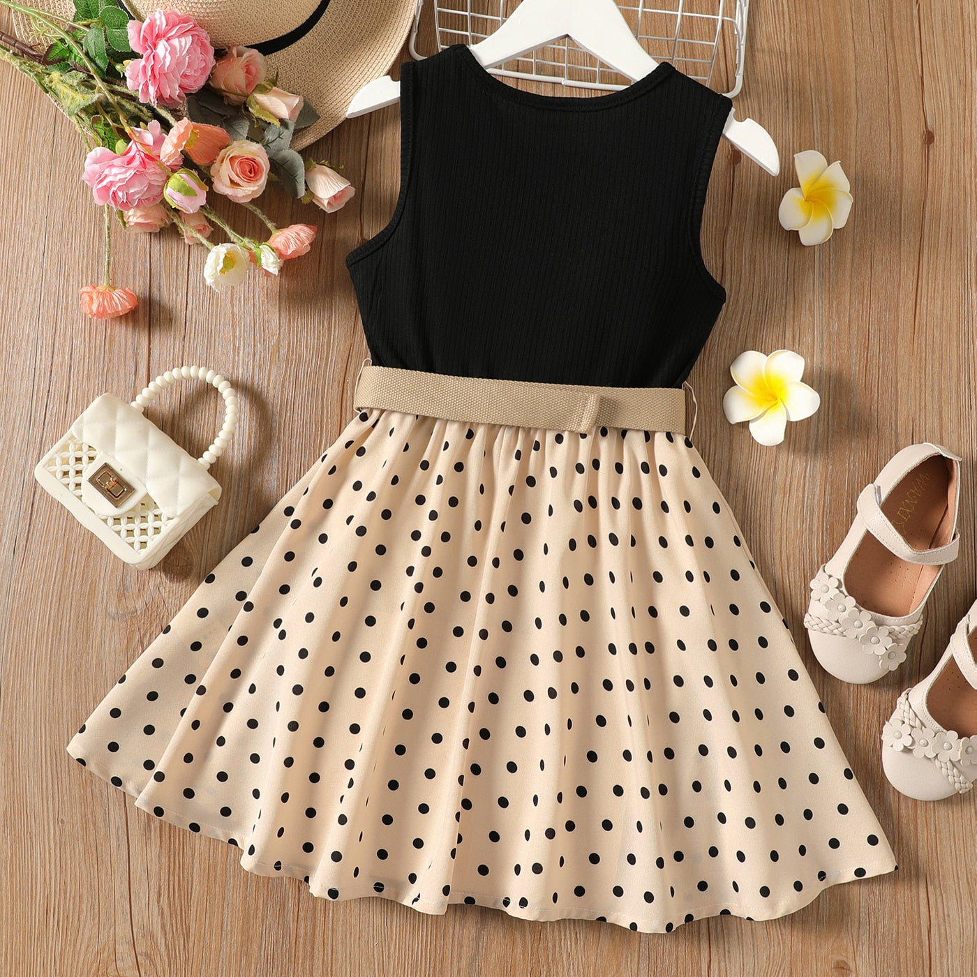 PatPat 2pcs Kid Girl Polka Dots Ribbed Splice Sleeveless Dress &amp; Belt