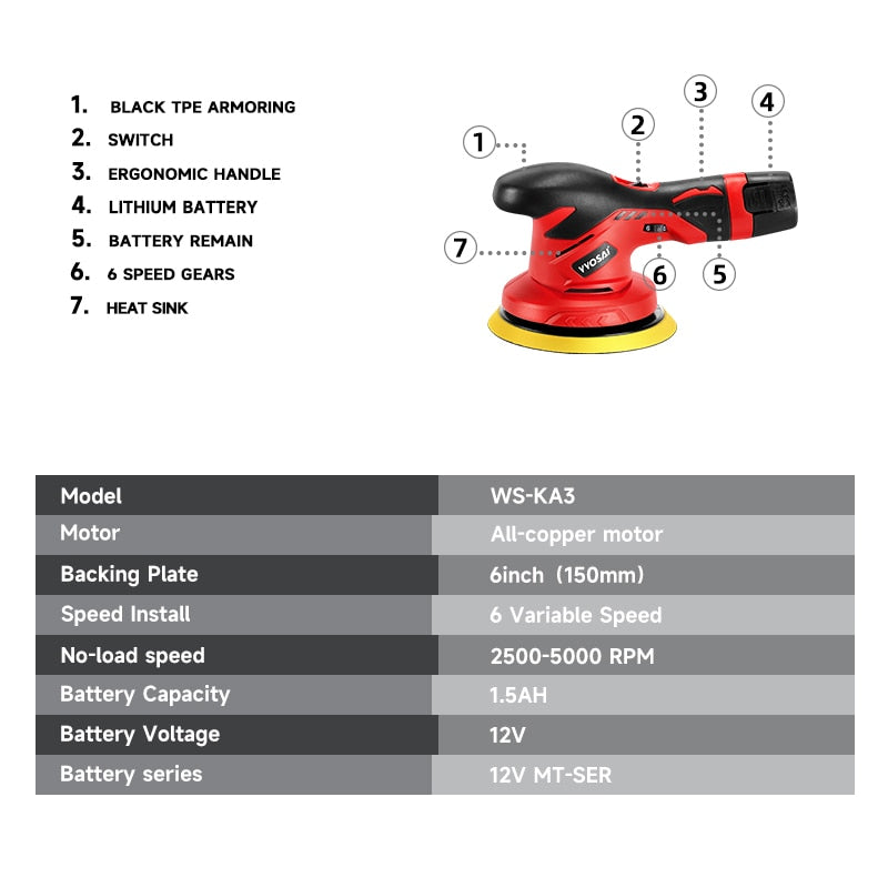 WOSAI 12V Cordless Car Polisher 6 Speed Adjustment Electric Dual Action Wireless Car Polishing Machine and Waxing Power Tools