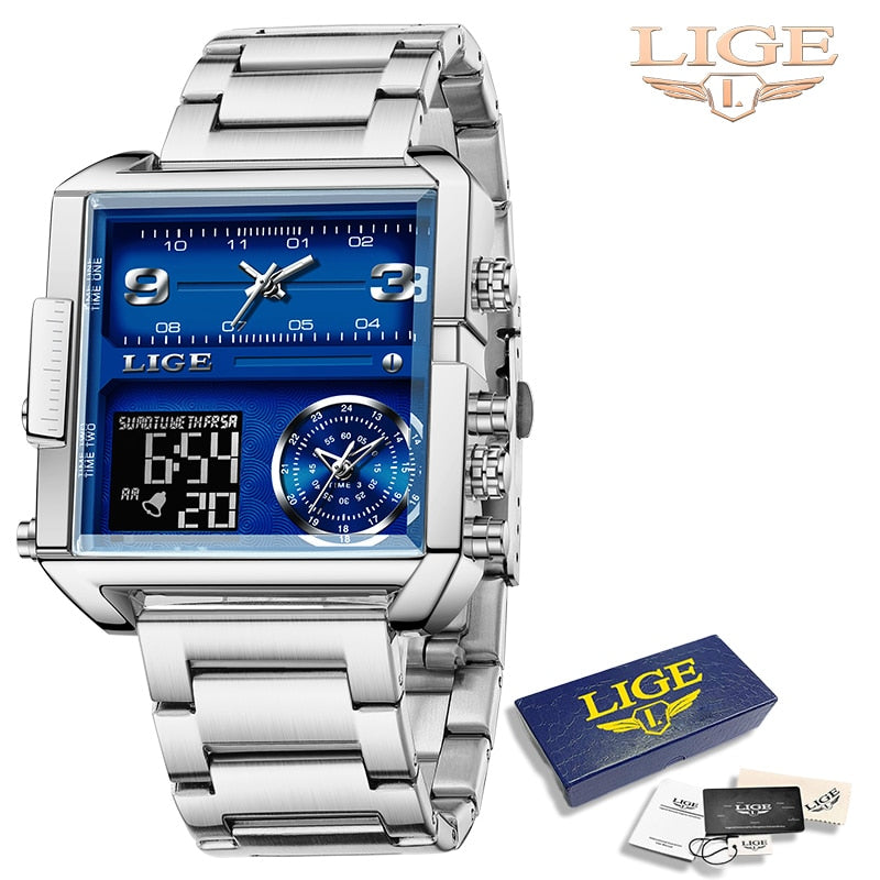LIGE New Top Brand Luxury Fashion Men Watches Gold Steel Sport Square Digital Analog Big Quartz Watch for Man relogio masculino