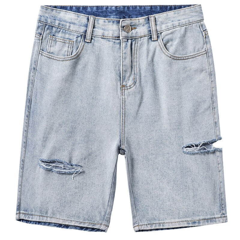 Fashionable Holed Men&#39;s Denim Shorts Street Hip-hop Knife Cut Straight Leg Five-piece Pants Versatile Light Color Pants