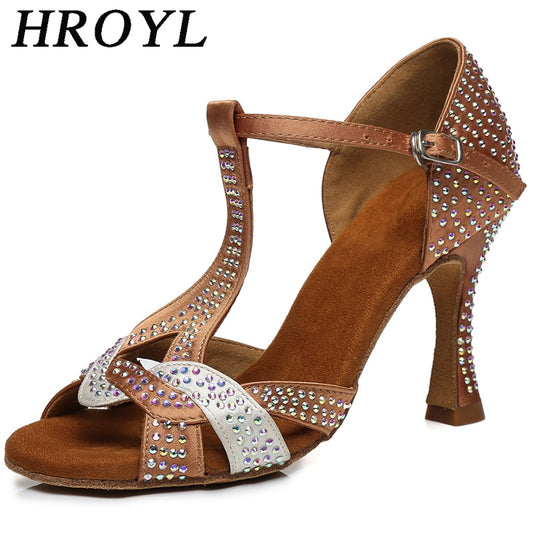 HROYL Ballroom Girls Dance-Shoes Women Latin Dance Shoes Ladies Modern Tango Dancing Shoes Brown High Heels Salsa Sandals