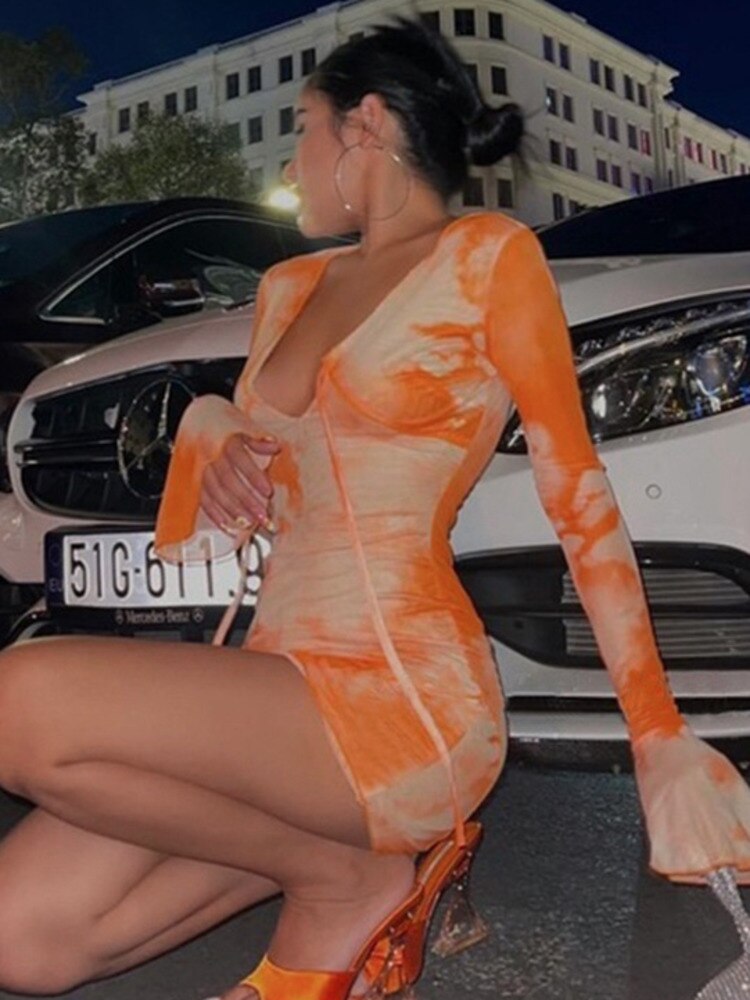 JULISSA MO Print V-neck Bandage Long Sleeve Mini Dress For Women Summer Sexy Beach Holiday Party Club Outfit Ladies Sundress