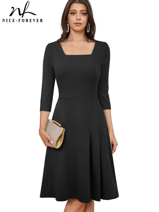 Nice-Forever Autumn Women Classy Pleated Plain Dresses Formal Business Elegant Flare Dress A318
