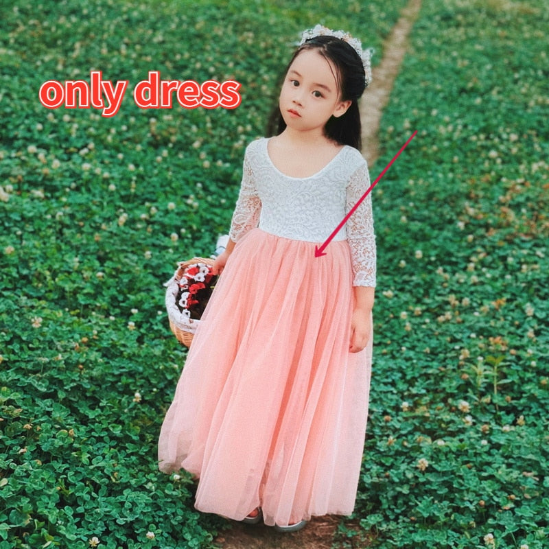 Princess Dress for Girls Ankle Length Wedding Party Dress Eyelash Back White Lace Beach Dress Children Clothing E15177