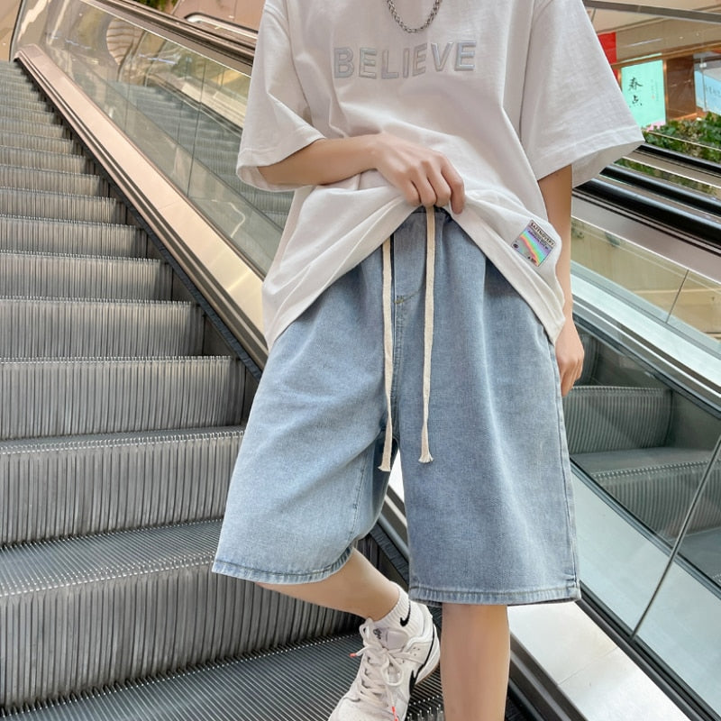 Men&#39;s Denim Shorts 2023 Summer New Korean Street Loose Straight Leg Wide Leg Shorts Retro Baggy Casual Shorts Black White Blue